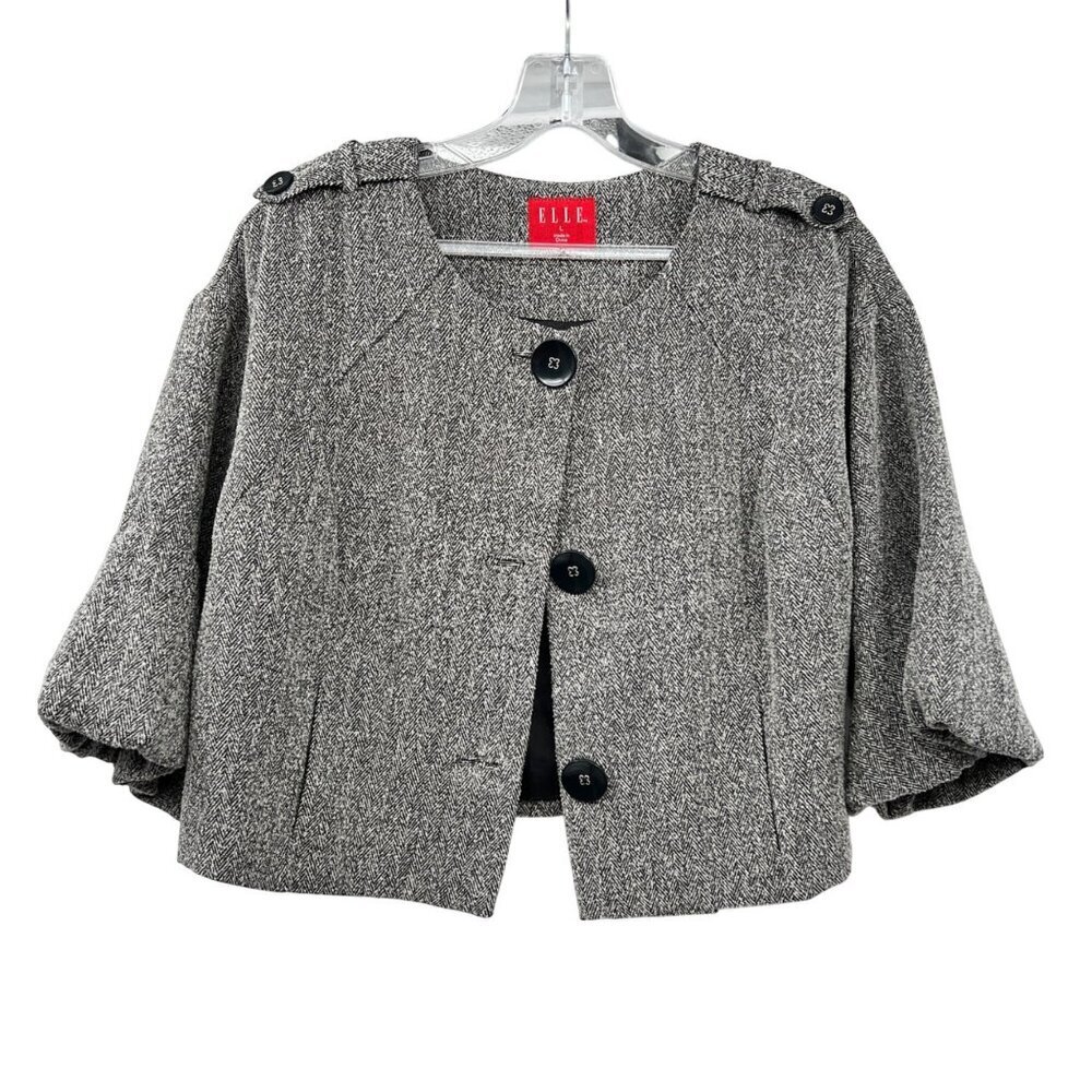 ELLE Womens Cropped Blazer Button Up 3/4 Sleeve Black/Gray Size Large Pockets
